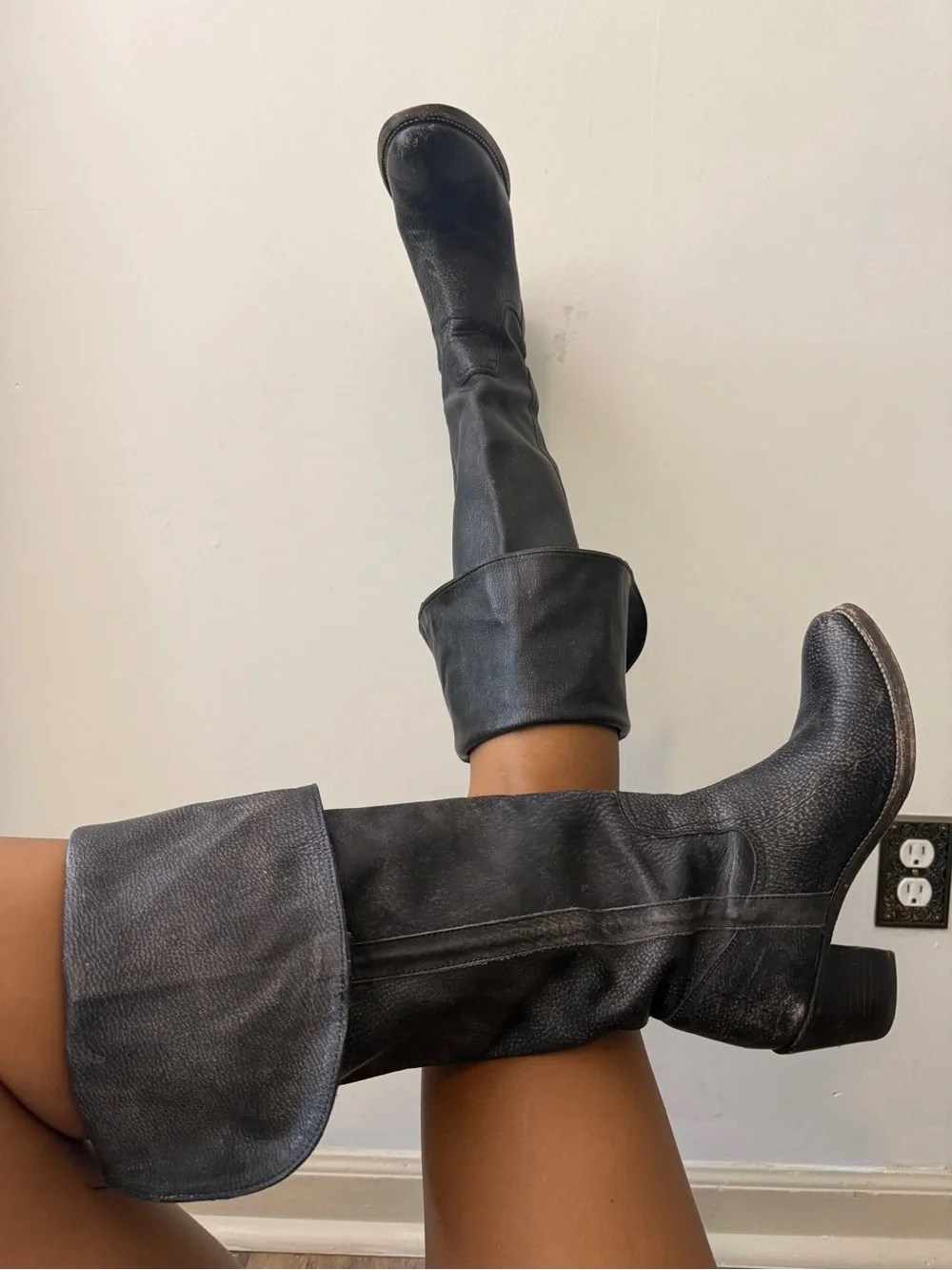 Frye Black Fold-Over Over-the-Knee Leather Boots